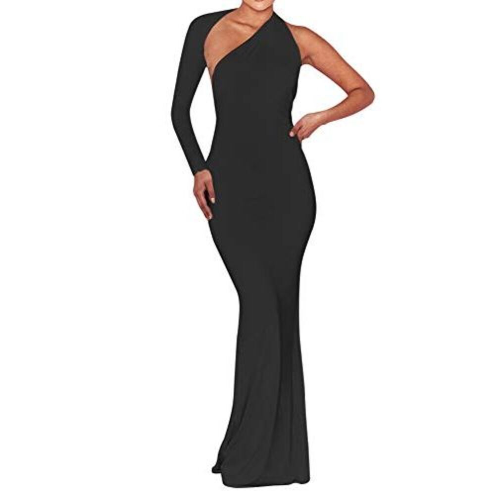 BEAGIMEG Women's Elegant One Shoulder Backless Evening Long Dress Black, Size: M